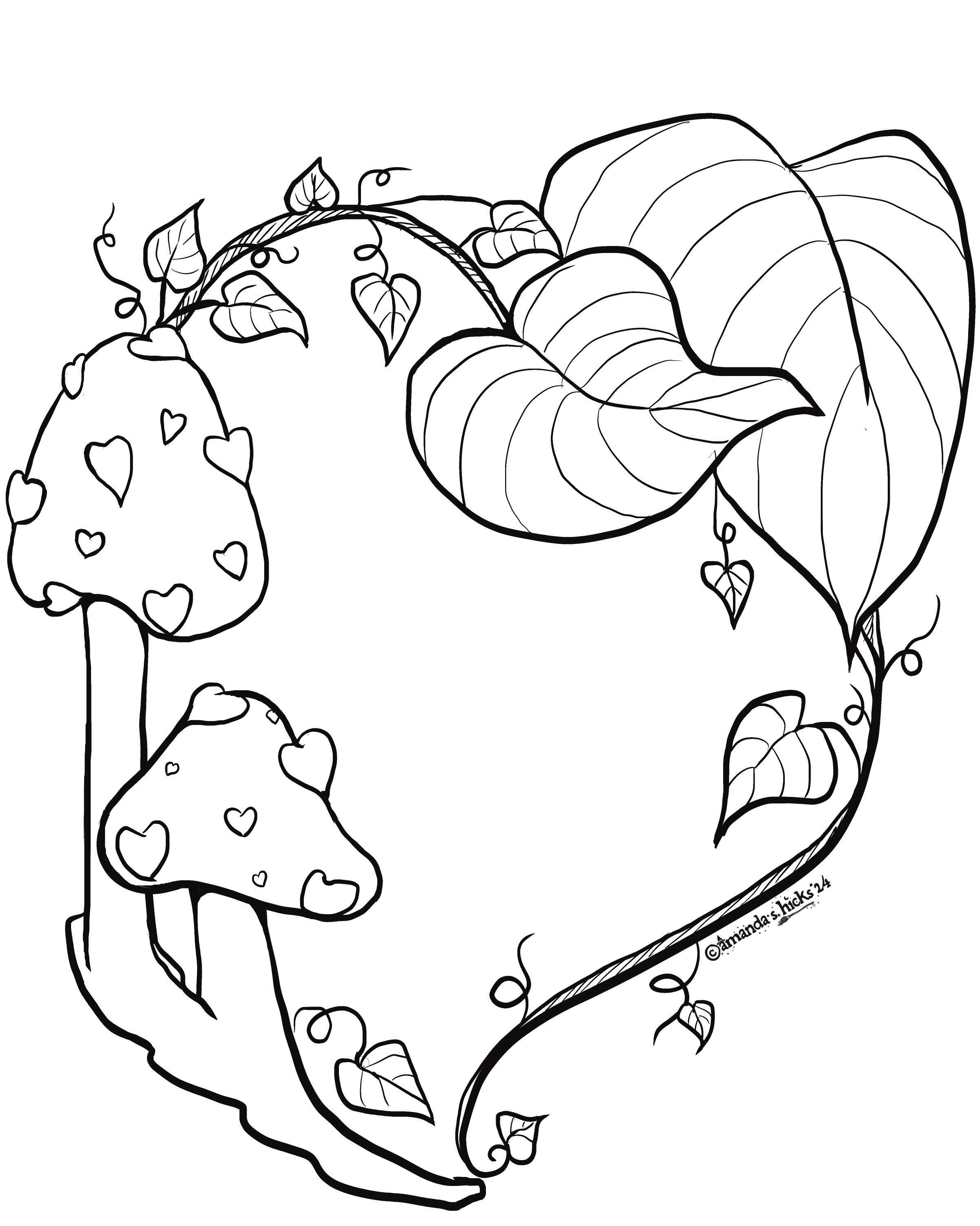 Free to Color Lovely Heart Mushrooms